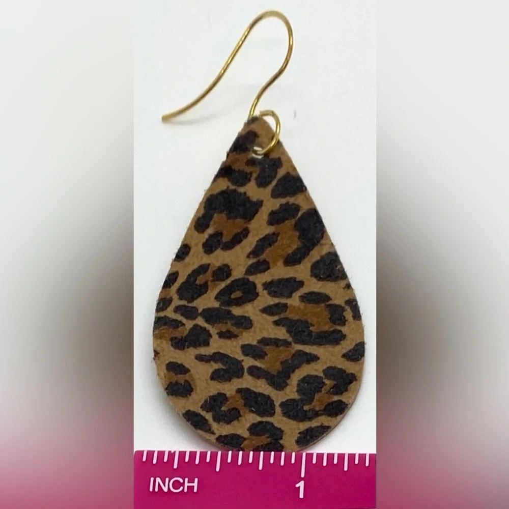 Brown Animal Print FauxFur Leather Dangle Earrings Boho Eclectic Y2K Festival - Picture 7 of 10